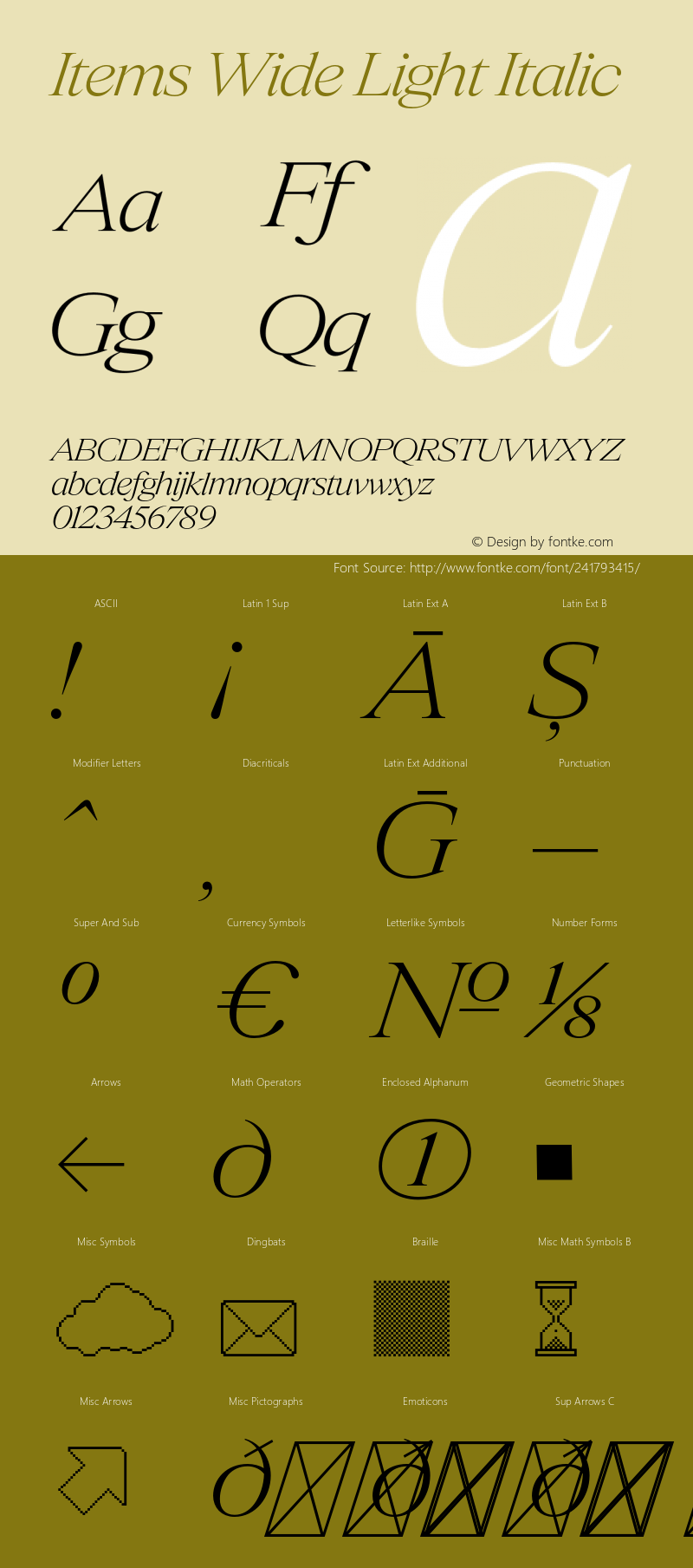 Items Wide Light Italic Version 1.001;Glyphs 3.2 (3177)图片样张