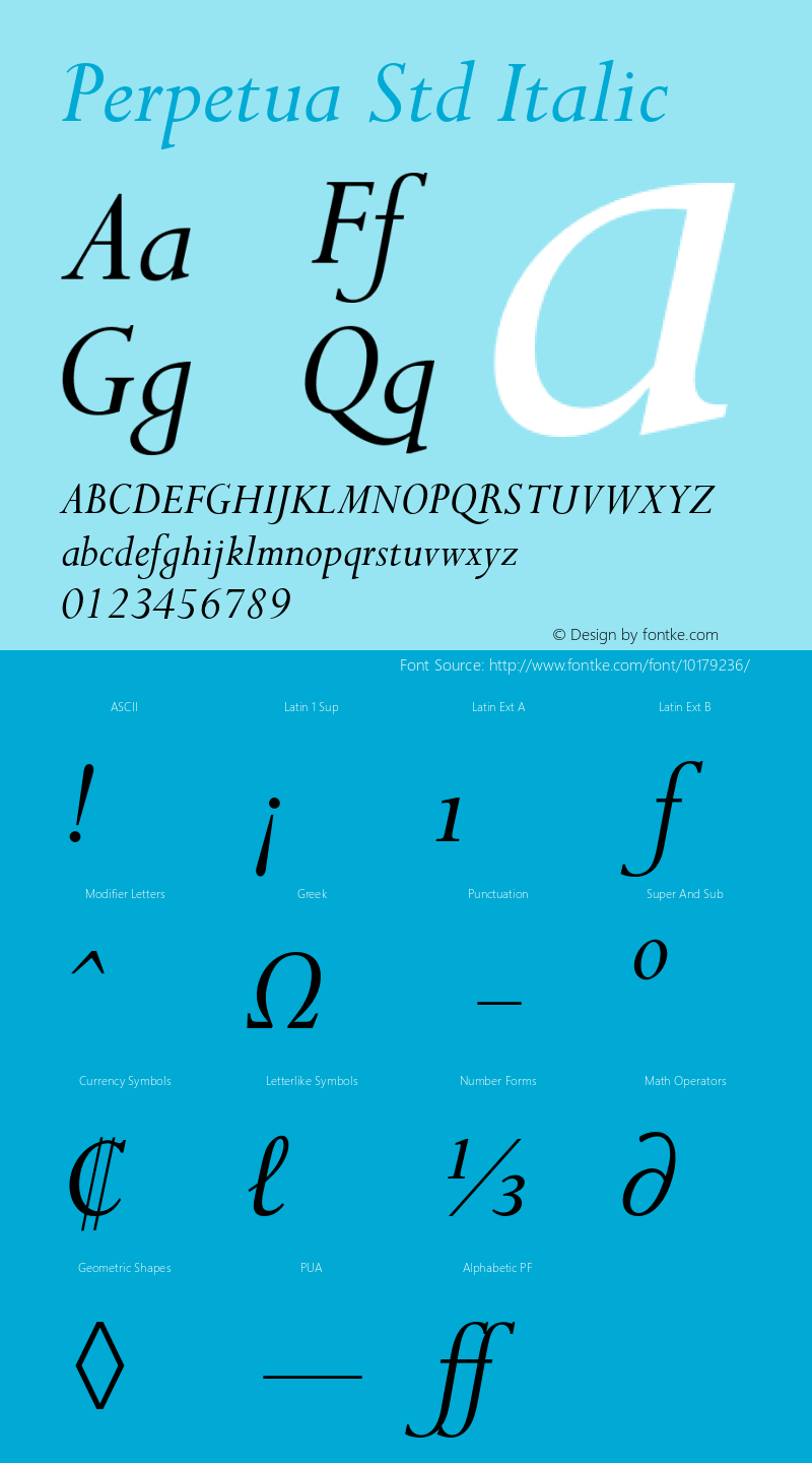 Perpetua Std Italic Version 1.047;PS 001.000;Core 1.0.38;makeotf.lib1.6.5960图片样张