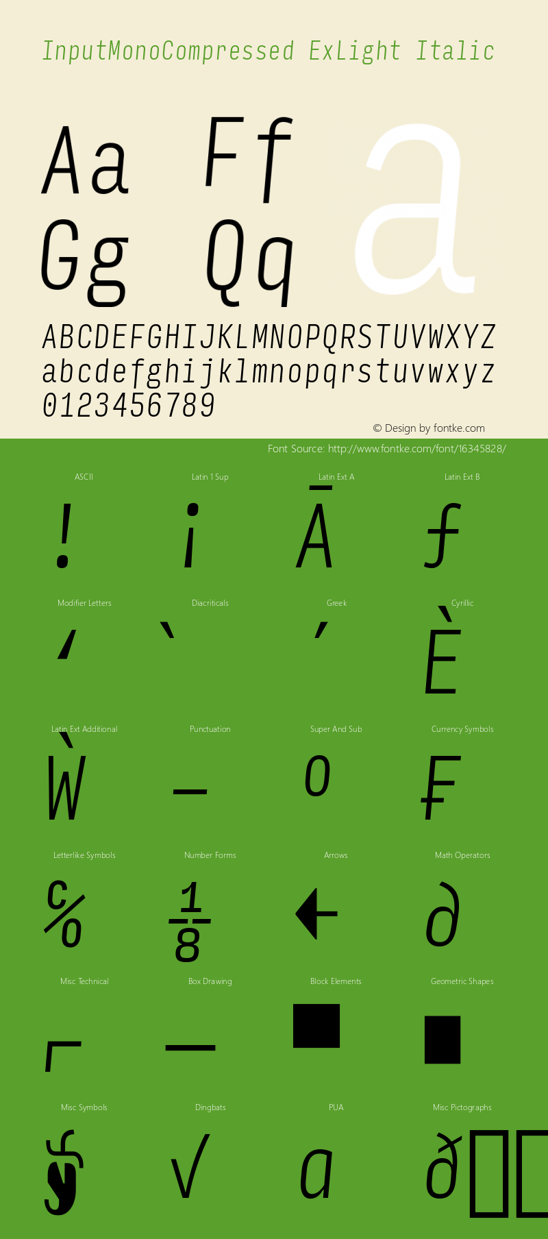 InputMonoCompressed ExLight Italic Version 0.000;PS 0.0;hotconv 1.0.72;makeotf.lib2.5.5900; ttfautohint (v0.9)图片样张