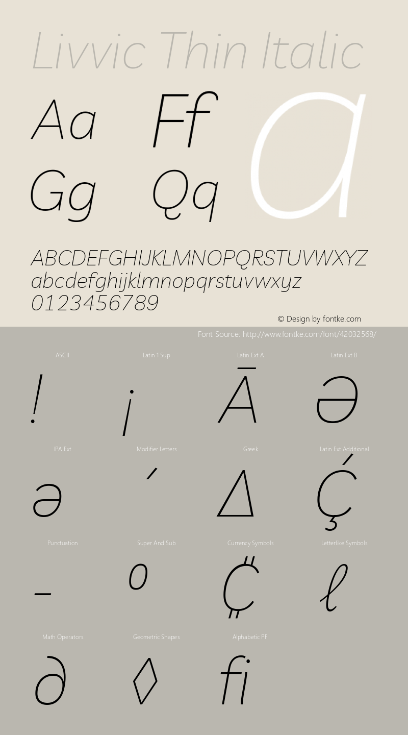 Livvic Thin Italic Version 1.001; ttfautohint (v1.8.2)图片样张
