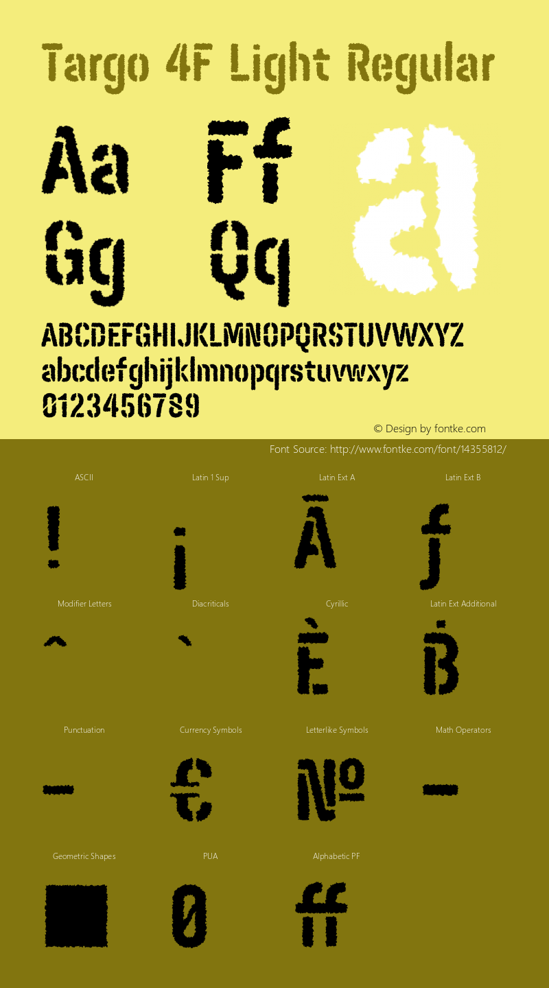 Targo 4F Light Regular 1.0;com.myfonts.4thfebruary.targo-4f.stencil-rough.wfkit2.464S图片样张