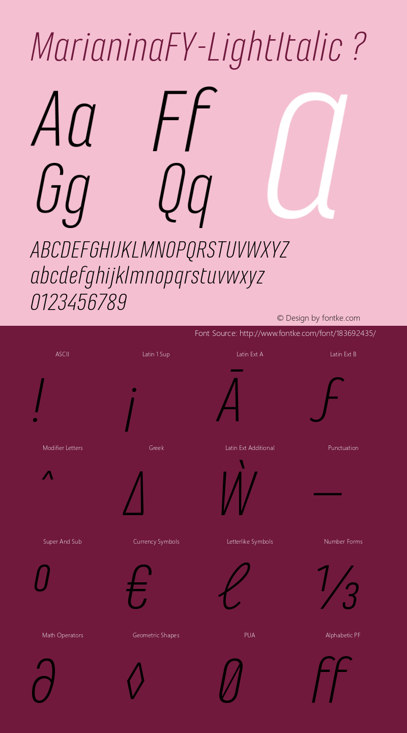 MarianinaFY-LightItalic Version 1.000;com.myfonts.fontyou.marianina-fy.light-italic.wfkit2.44x6图片样张