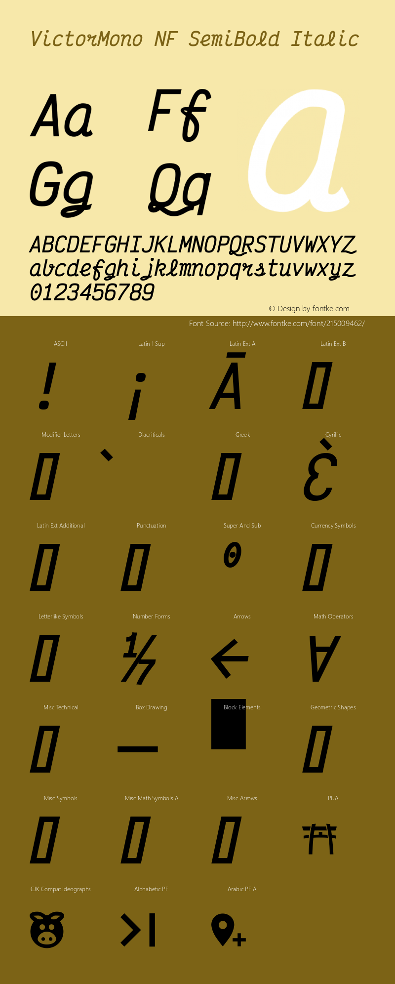 Victor Mono SemiBold Italic Nerd Font Complete Mono Windows Compatible Version 1.410;Nerd Fonts 2.1.0图片样张