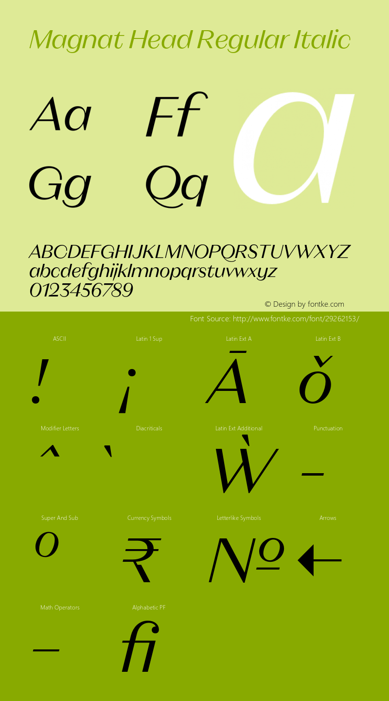 Magnat Head Regular Italic Version 1.000;PS 001.000;hotconv 1.0.88;makeotf.lib2.5.64775图片样张
