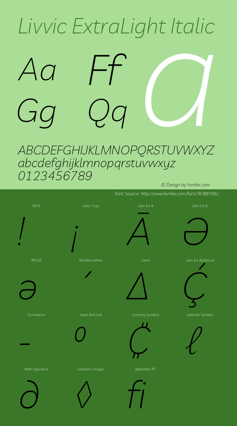 Livvic ExtraLight Italic Version 1.000; ttfautohint (v1.8.2)图片样张