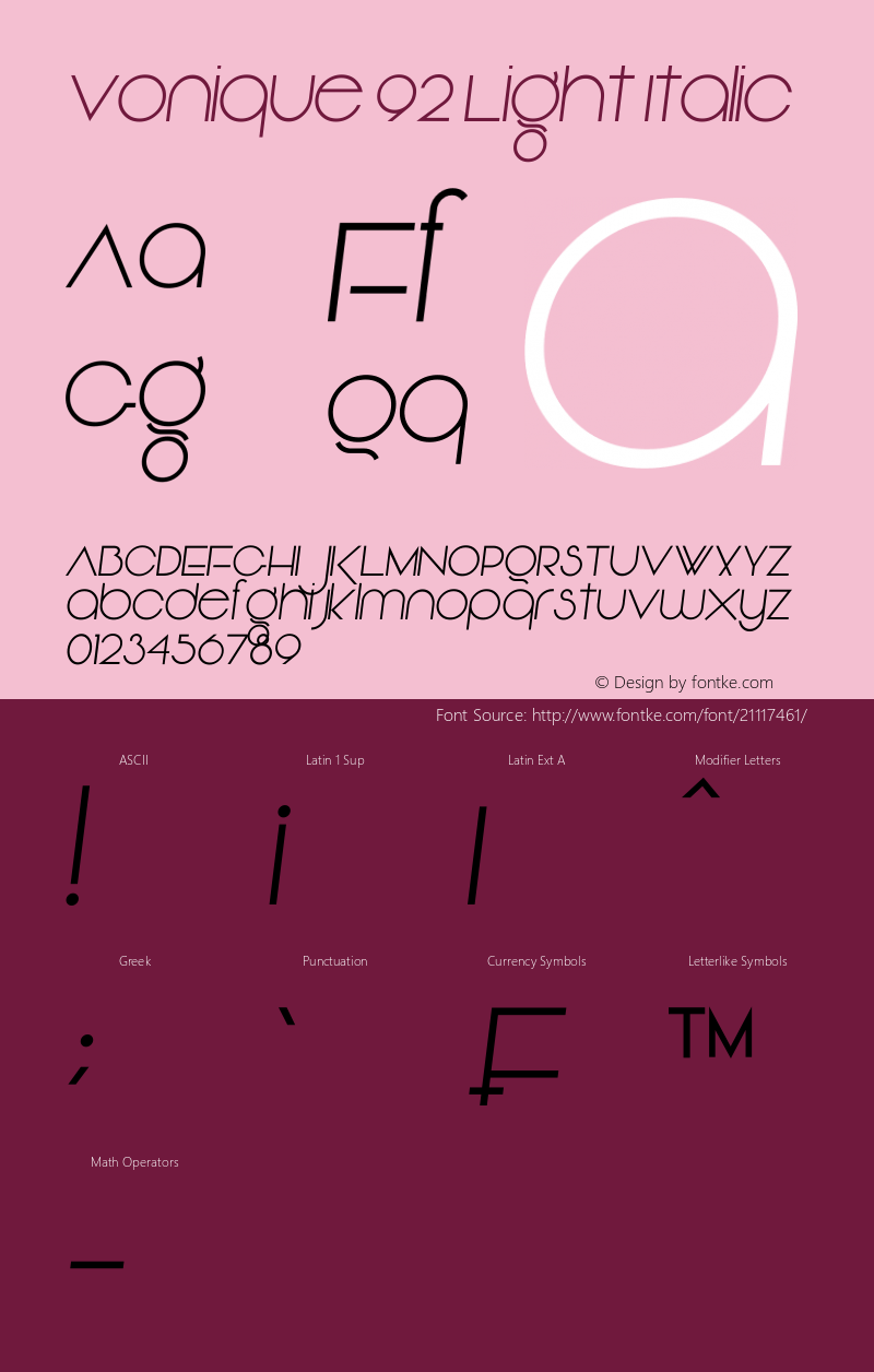 Vonique 92 Light Italic Version 1.00 December 2, 2015, initial release图片样张