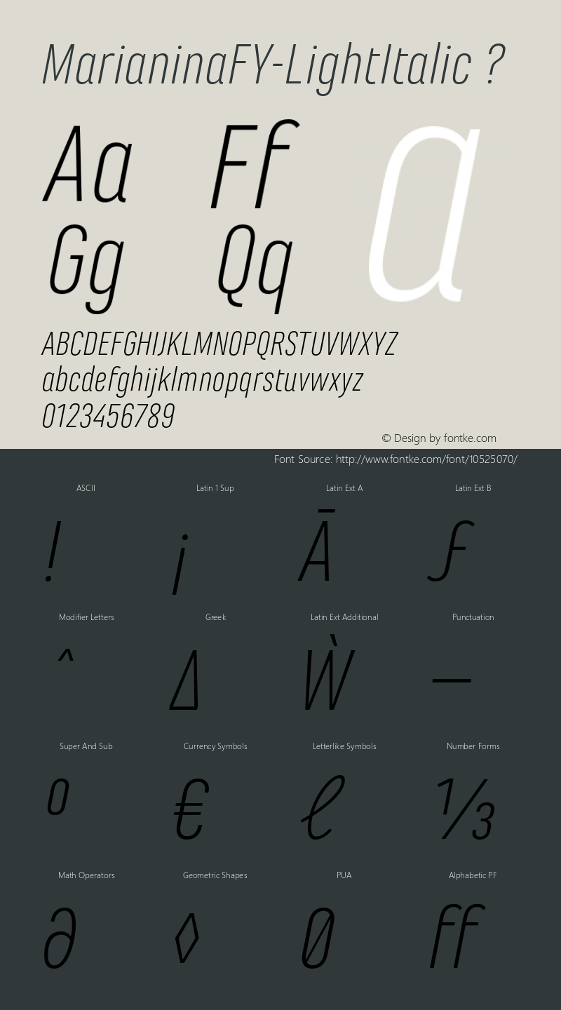 MarianinaFY-LightItalic ? Version 1.000;com.myfonts.fontyou.marianina-fy.light-italic.wfkit2.44x6图片样张