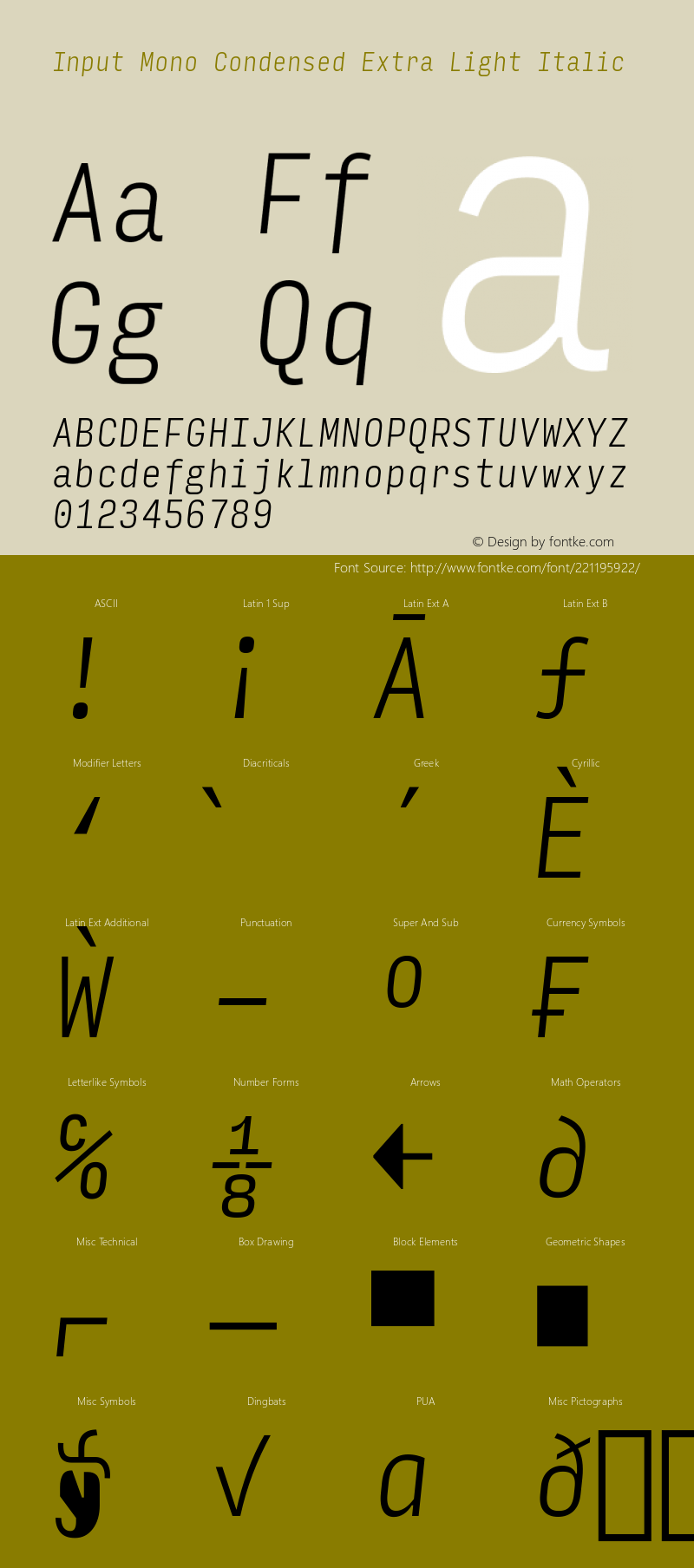 InputMonoCondensed ExLightIta Version 0.000;PS 0.0;hotconv 1.0.72;makeotf.lib2.5.5900; ttfautohint (v0.9)图片样张