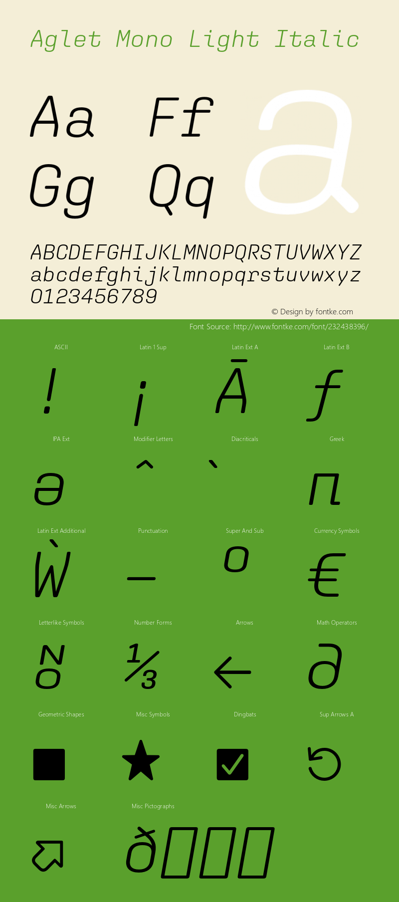 Aglet Mono Light Italic Version 1.001;hotconv 1.0.116;makeotfexe 2.5.65601图片样张