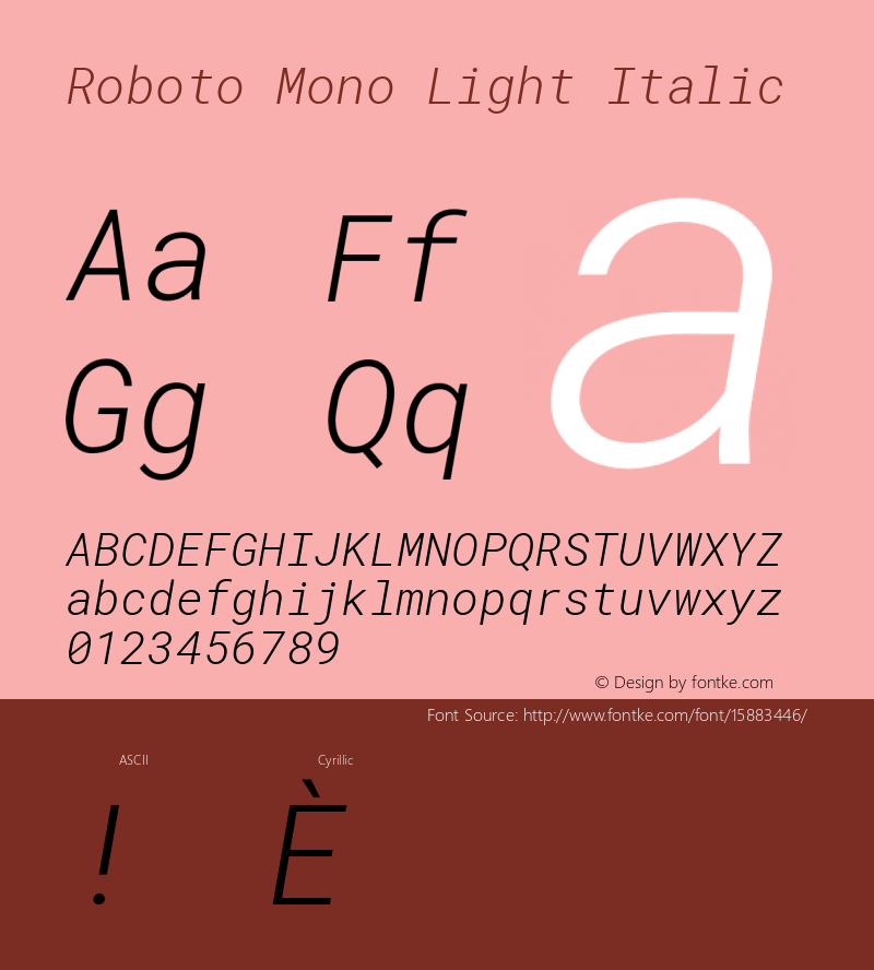 Roboto Mono Light Italic Version 2.000986; 2015; ttfautohint (v1.4.1)图片样张