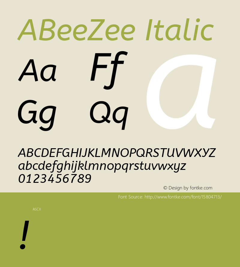ABeeZee Italic Version 1.002; ttfautohint (v1.4.1)图片样张