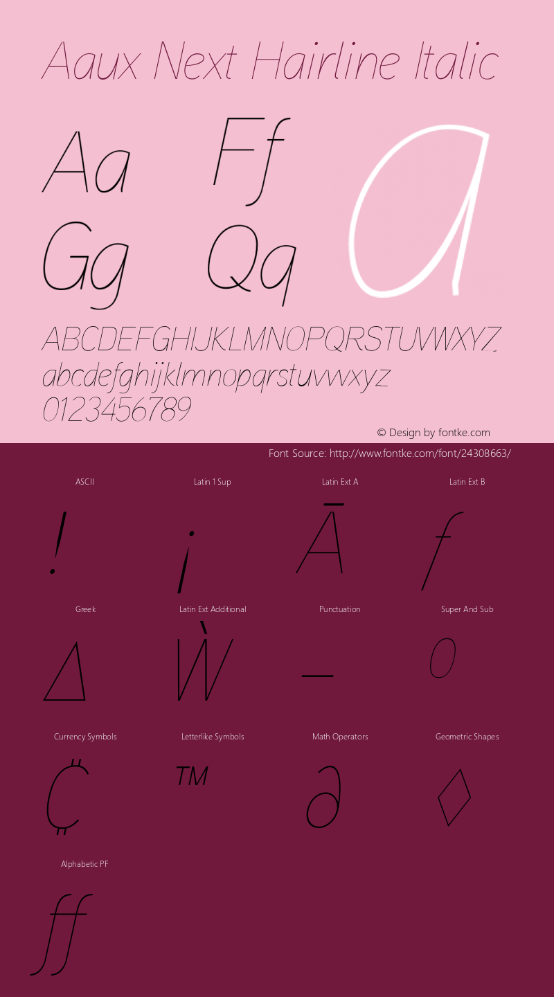 AauxNext-HairlineItalic Version 1.000 2008 initial release图片样张