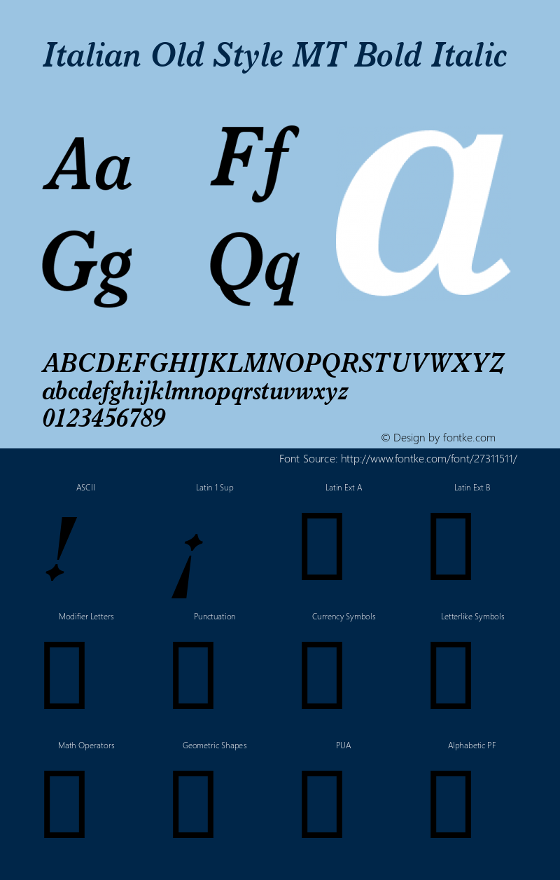 Italian Old Style MT Bold Italic Version 1.00 - May 2001图片样张