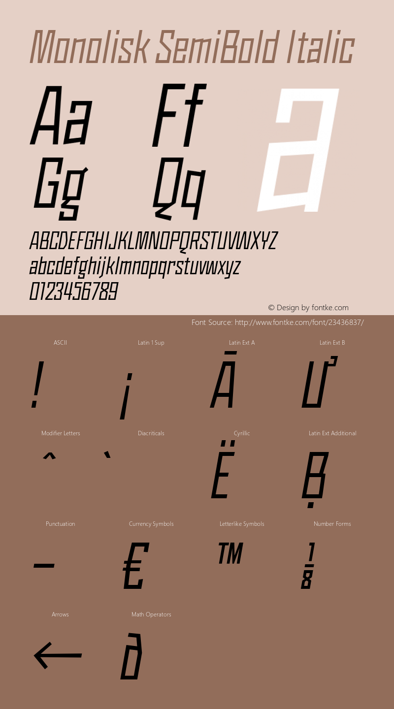 Monolisk SemiBold Italic Version 1.560;PS 001.560;hotconv 1.0.88;makeotf.lib2.5.64775图片样张