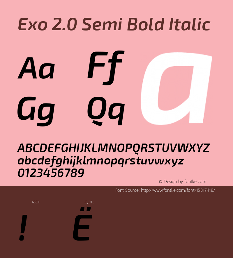 Exo 2.0 Semi Bold Italic Version 1.001;PS 001.001;hotconv 1.0.70;makeotf.lib2.5.58329; ttfautohint (v1.4.1)图片样张