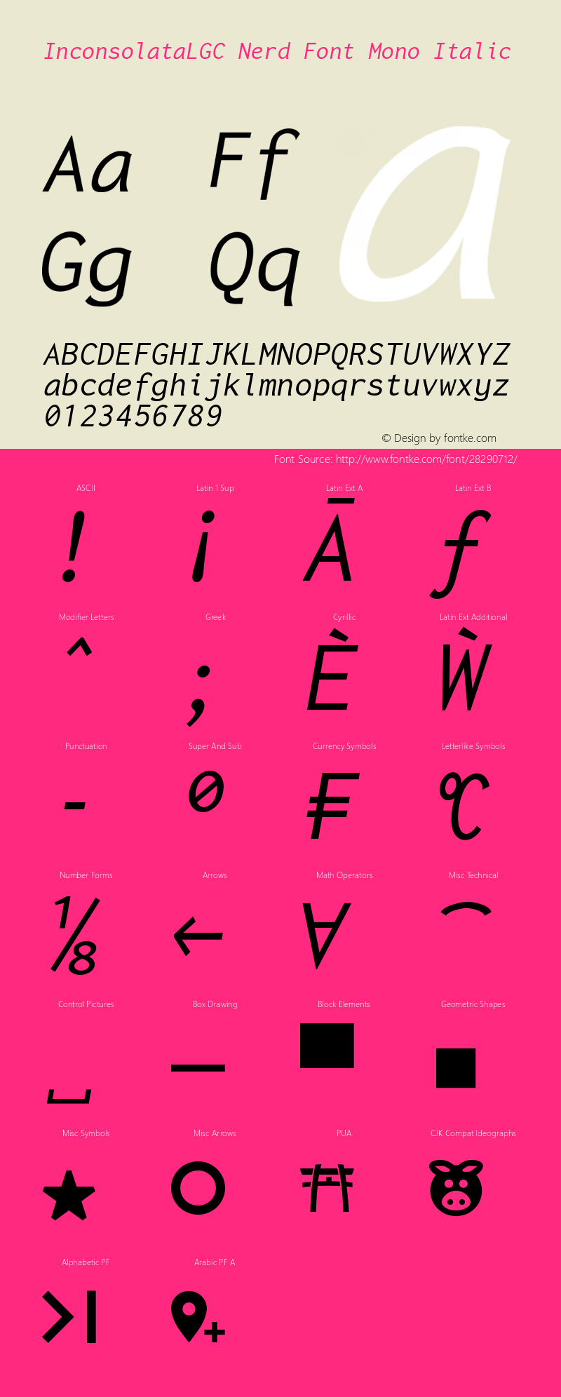 Inconsolata LGC Italic Nerd Font Complete Mono Version 1.3;Nerd Fonts 2.0.0图片样张