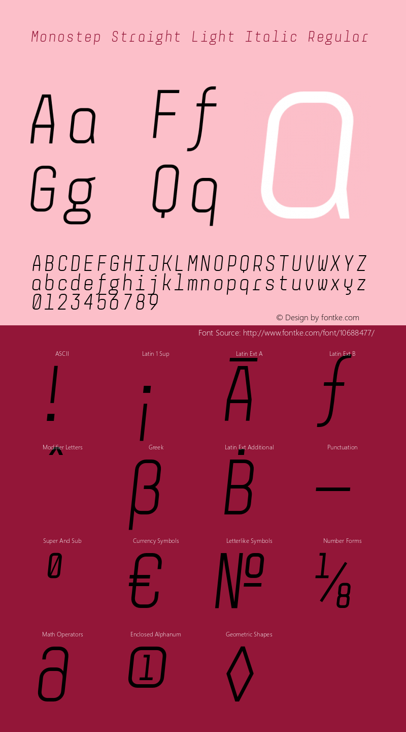 Monostep Straight Light Italic Regular Version 1.000;PS 001.000;hotconv 1.0.70;makeotf.lib2.5.58329图片样张