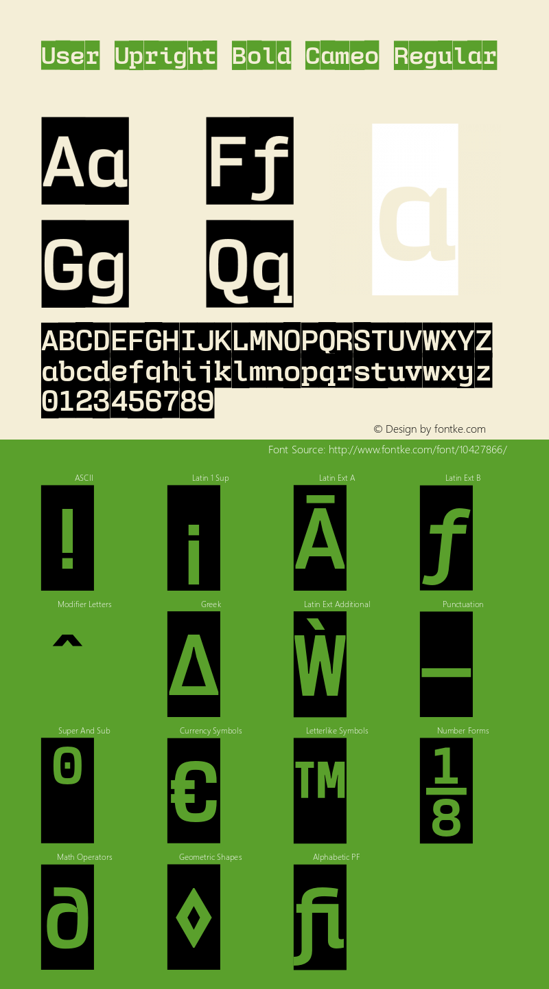 User Upright Bold Cameo Regular Version 1.001;PS 001.001;hotconv 1.0.56;makeotf.lib2.0.21325图片样张