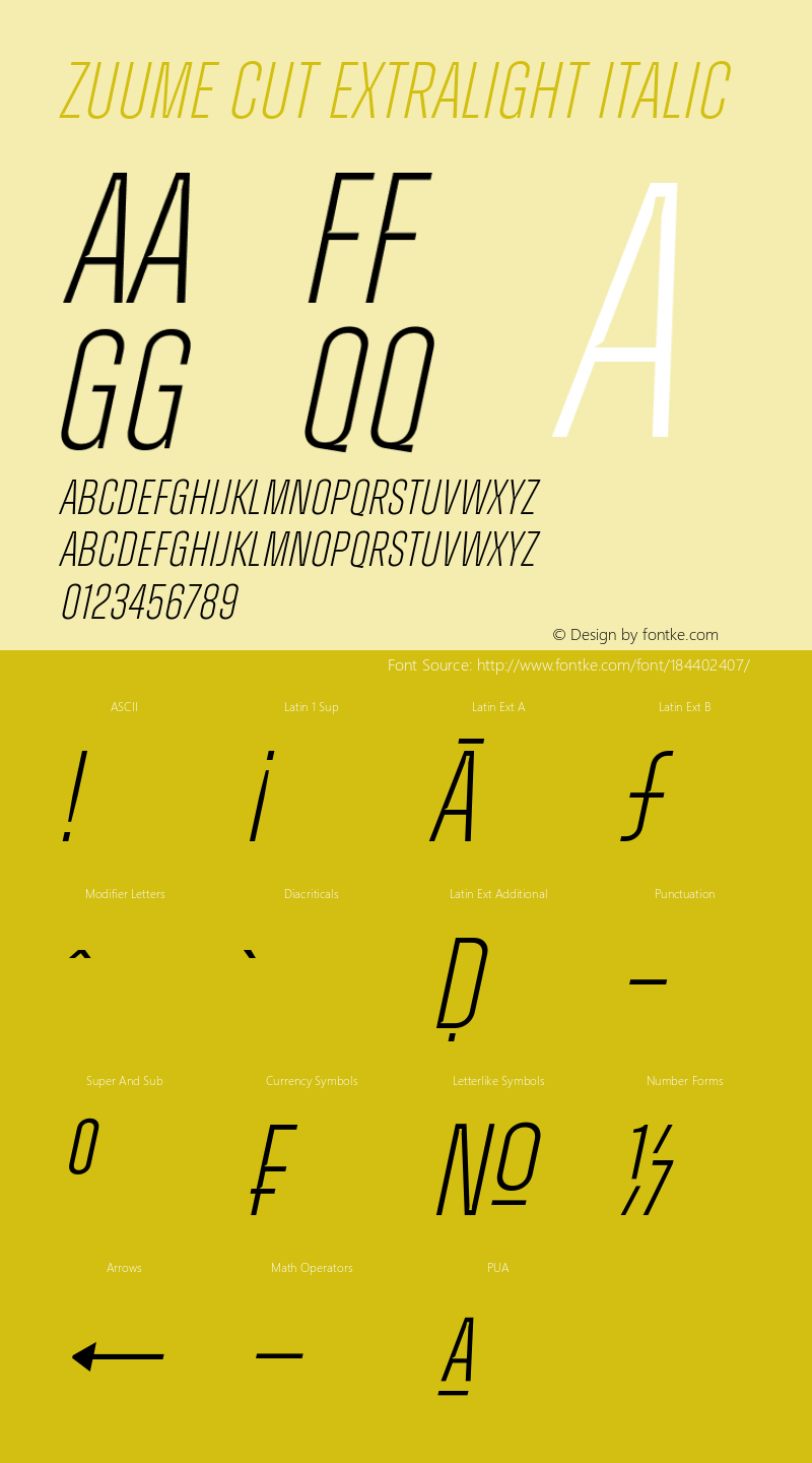 Zuume Cut ExtraLight Italic Version 1.000;hotconv 1.0.109;makeotfexe 2.5.65596图片样张
