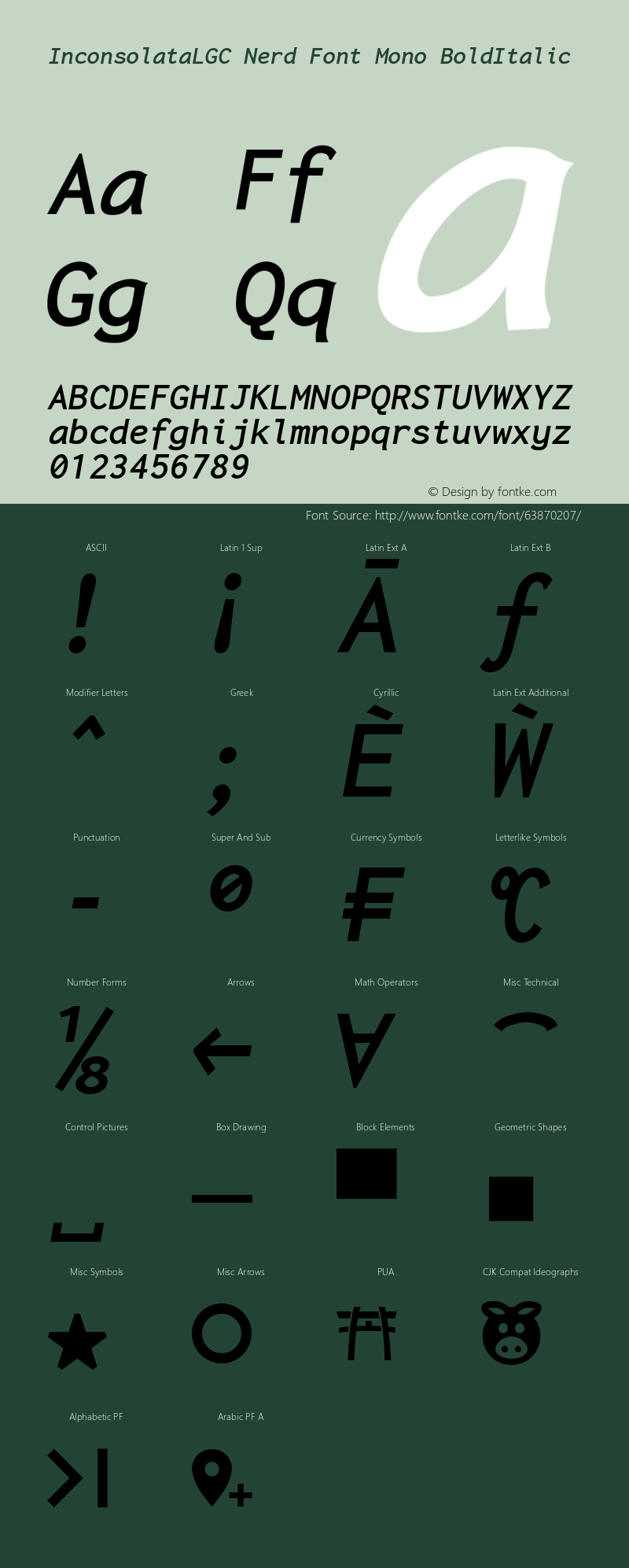 Inconsolata LGC Bold Italic Nerd Font Complete Mono Version 1.3;Nerd Fonts 2.0.0图片样张
