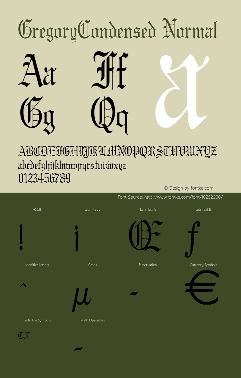 GregoryCondensed Normal Altsys Fontographer 4.1 11/15/95图片样张