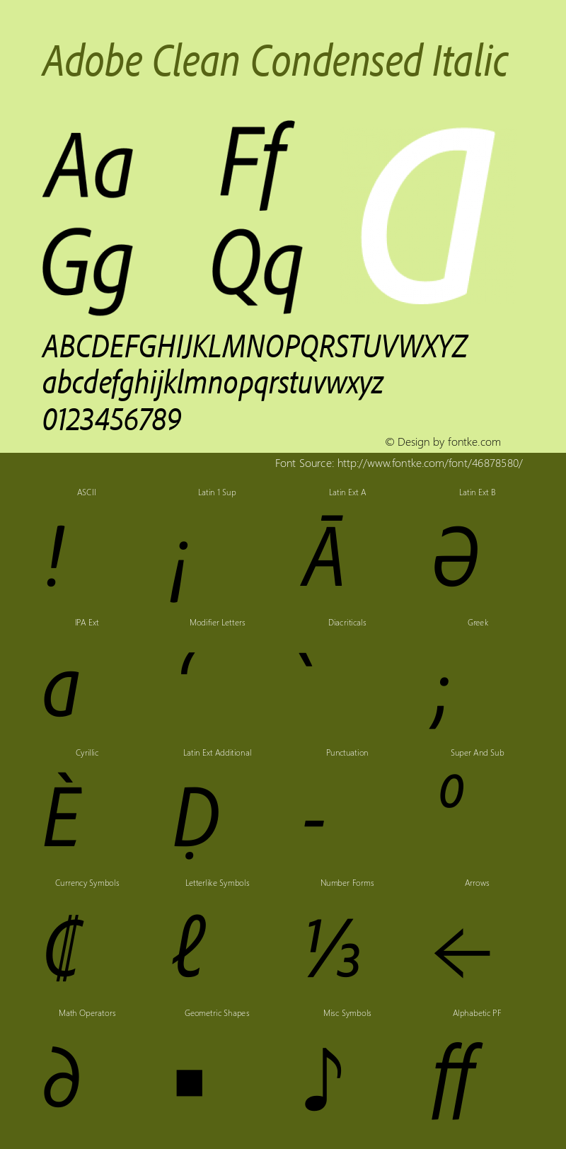 Adobe Clean Condensed Italic Version 5.215;PS Version 2.000;hotconv 1.0.73;makeotf.lib2.5.5900图片样张