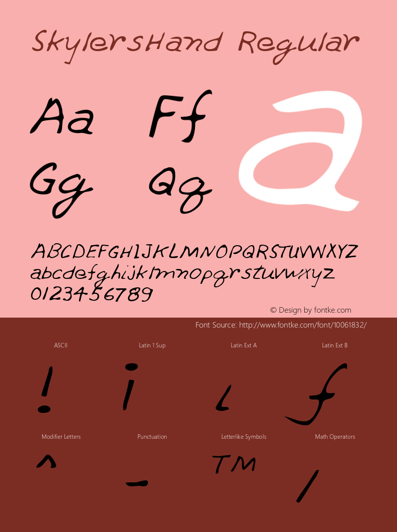 SkylersHand Regular Handwriting KeyFonts, Copyright (c)1995 SoftKey Multimedia, Inc., a subsidiary of SoftKey International, Inc.图片样张