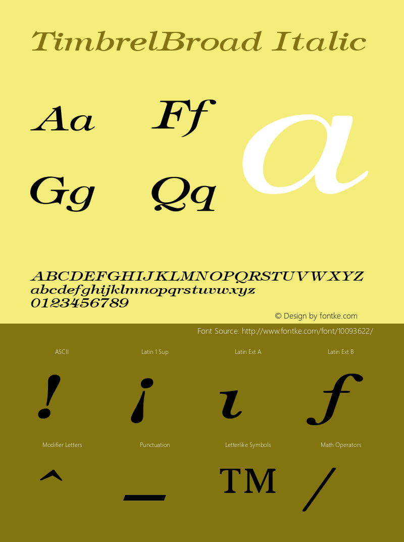 TimbrelBroad Italic The IMSI MasterFonts Collection, tm 1995, 1996 IMSI (International Microcomputer Software Inc.)图片样张