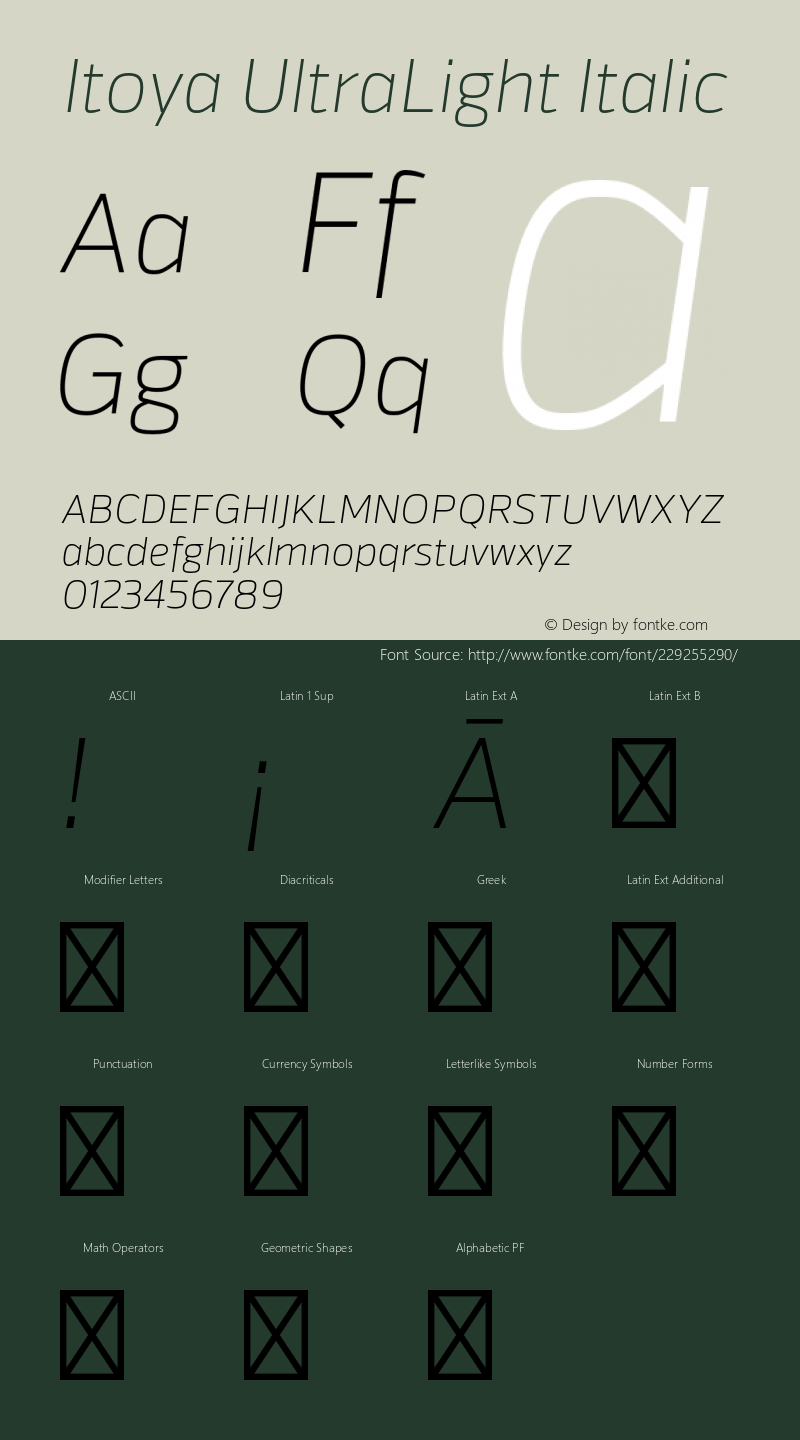 Itoya UltraLight Italic Version 1.000;PS 001.000;hotconv 1.0.70;makeotf.lib2.5.58329图片样张