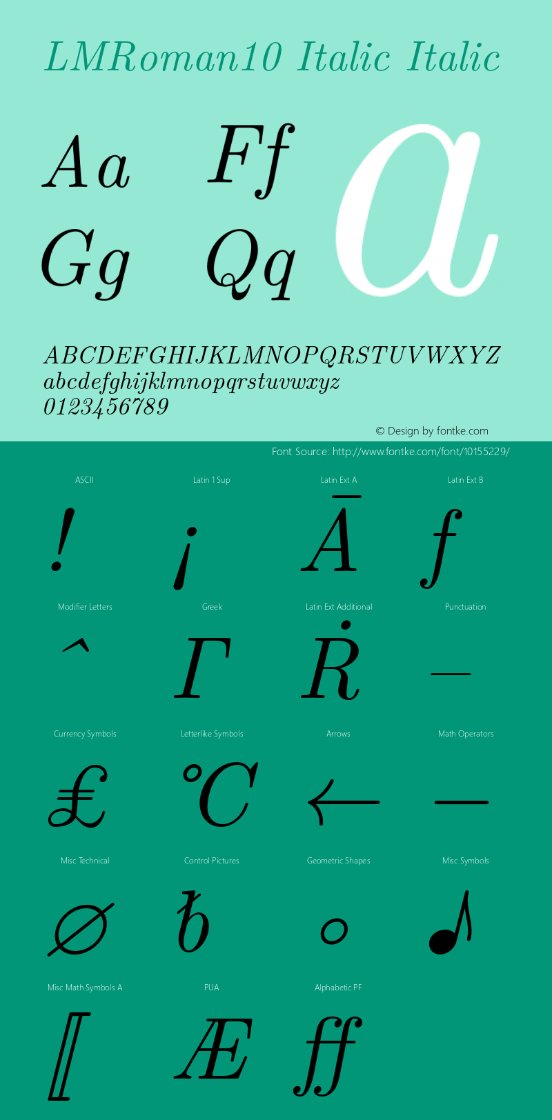 LMRoman10 Italic Italic Version 1.011;PS 0.99.3;Core 1.0.38;makeotf.lib1.6.5960图片样张