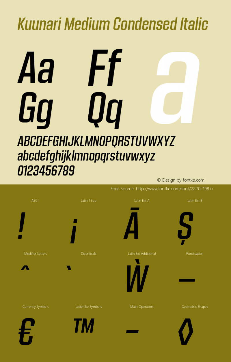 Kuunari Medium Condensed Italic Version 1.000;PS 001.000;hotconv 1.0.88;makeotf.lib2.5.64775图片样张