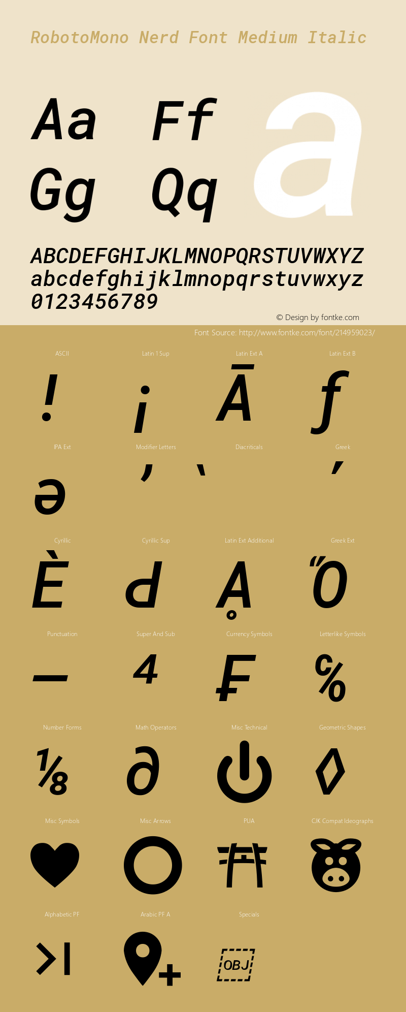 Roboto Mono Medium Italic Nerd Font Complete Version 2.000986; 2015; ttfautohint (v1.3);Nerd Fonts 2.1.0图片样张