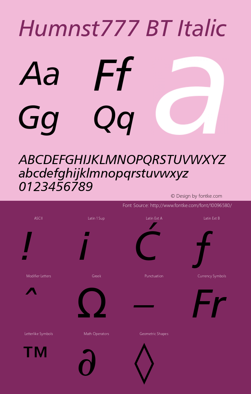 Humnst777 BT Italic Version 2.001 mfgpctt 4.4图片样张