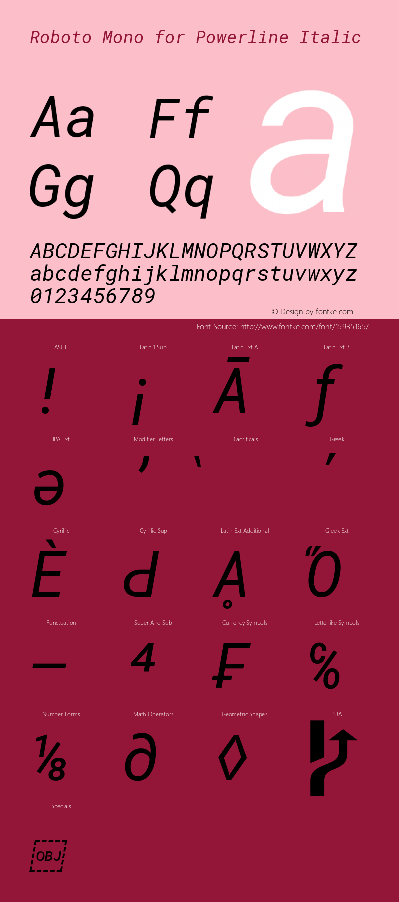 Roboto Mono for Powerline Italic Version 2.000986; 2015; ttfautohint (v1.3)图片样张