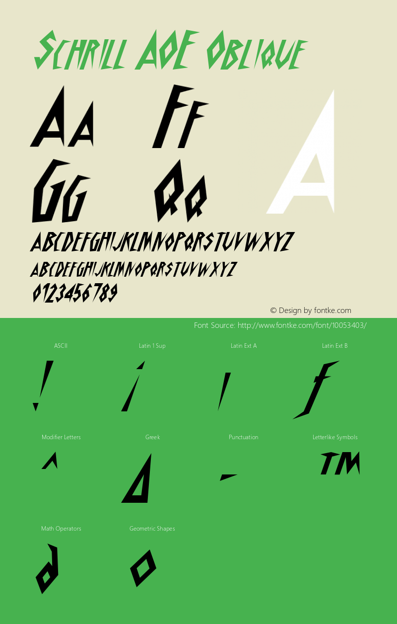 Schrill AOE Oblique Macromedia Fontographer 4.1.2 9/14/98图片样张