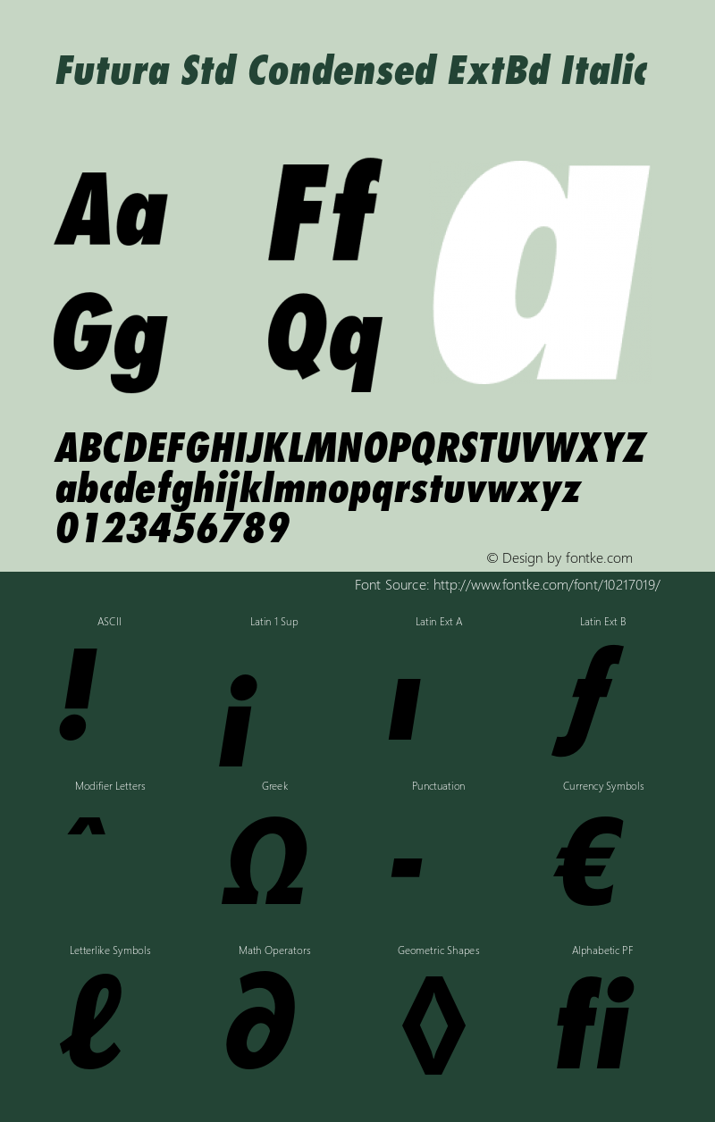 Futura Std Condensed ExtBd Italic Version 2.025;PS 002.000;hotconv 1.0.50;makeotf.lib2.0.16970图片样张