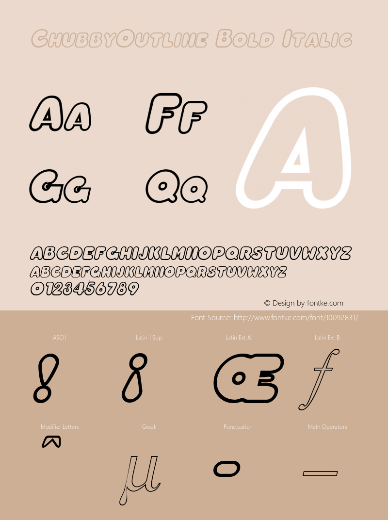 ChubbyOutline Bold Italic The IMSI MasterFonts Collection, tm 1995, 1996 IMSI (International Microcomputer Software Inc.)图片样张