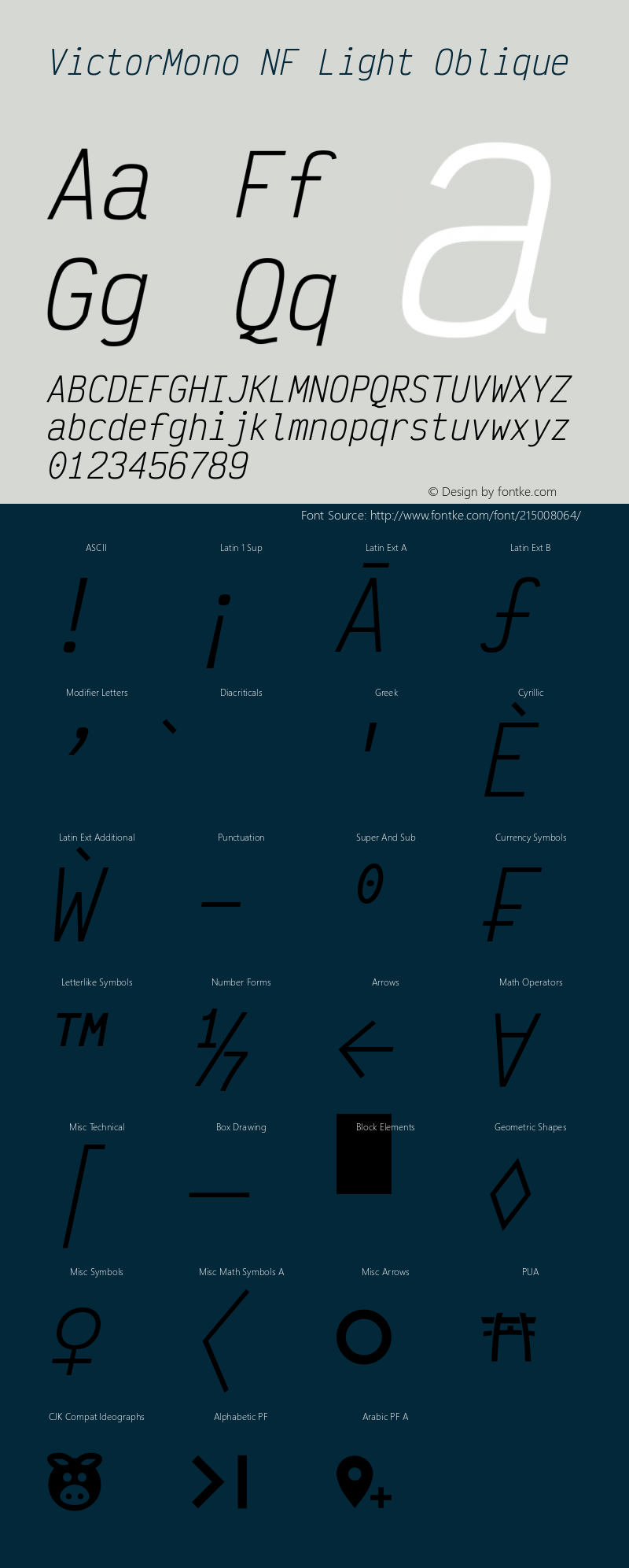 Victor Mono Light Oblique Nerd Font Complete Mono Windows Compatible Version 1.410;Nerd Fonts 2.1.0图片样张