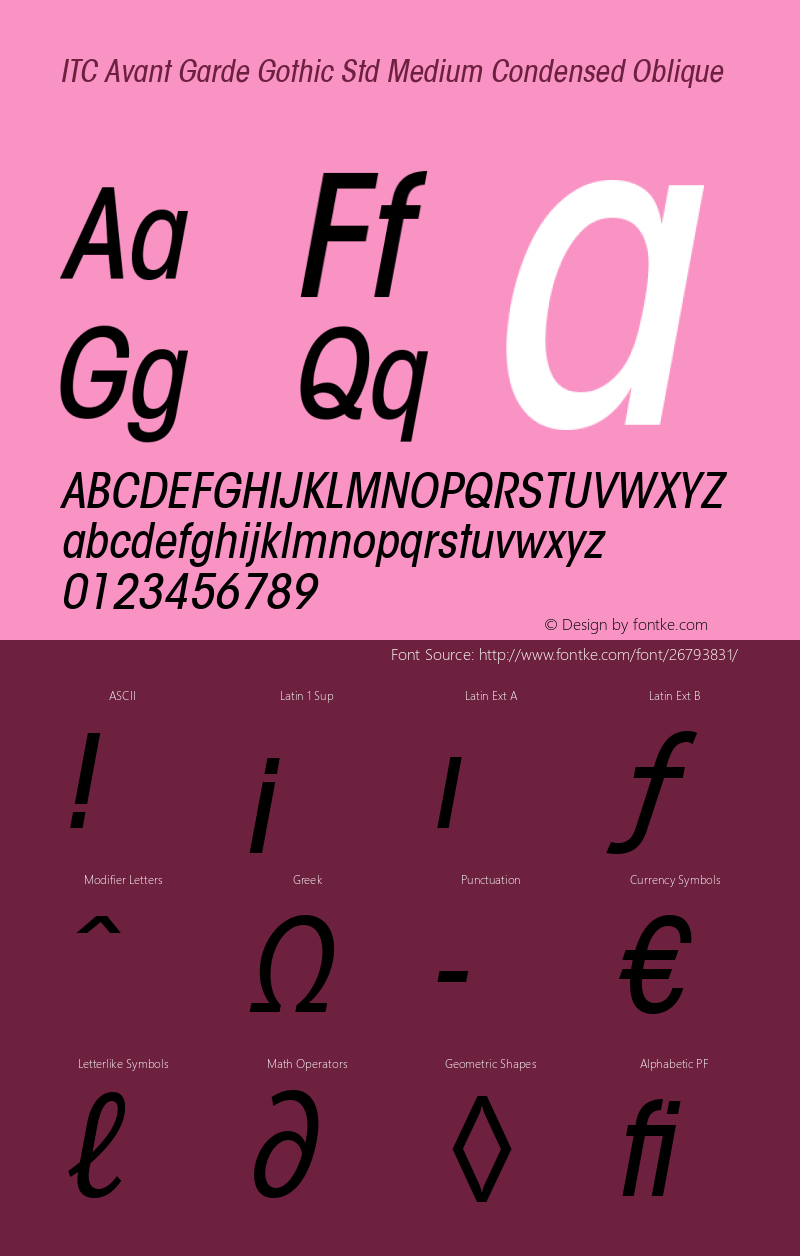 ITC Avant Garde Gothic Std Medium Condensed Oblique Version 1.00 Build 1000图片样张