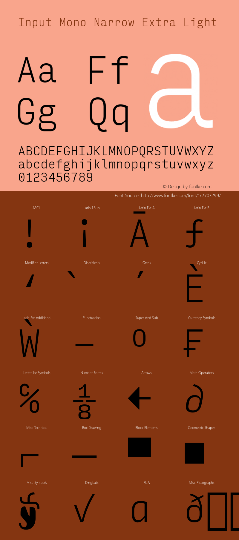 InputMonoNarrow ExLight Version 0.000;PS 0.0;hotconv 1.0.72;makeotf.lib2.5.5900; ttfautohint (v0.9)图片样张