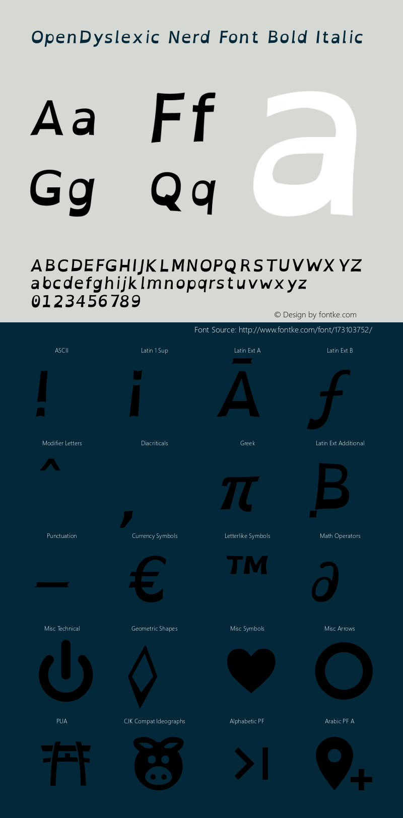 OpenDyslexic Bold Italic Nerd Font Complete Version 2.001;PS 002.001;hotconv 1.0.70;makeotf.lib2.5.58329图片样张