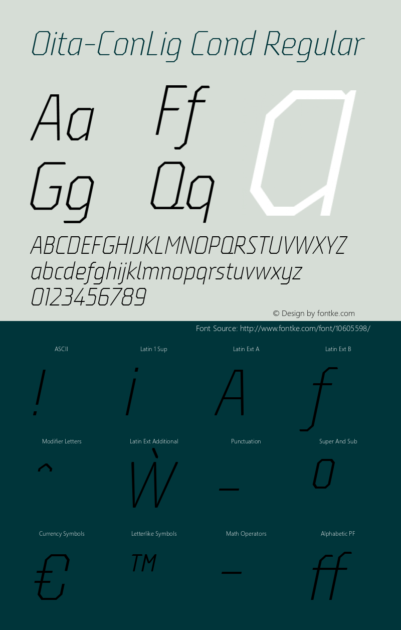 Oita-ConLig Cond Regular Version 1.000;com.myfonts.insigne.oita.condensed-light-italic.wfkit2.4b52图片样张