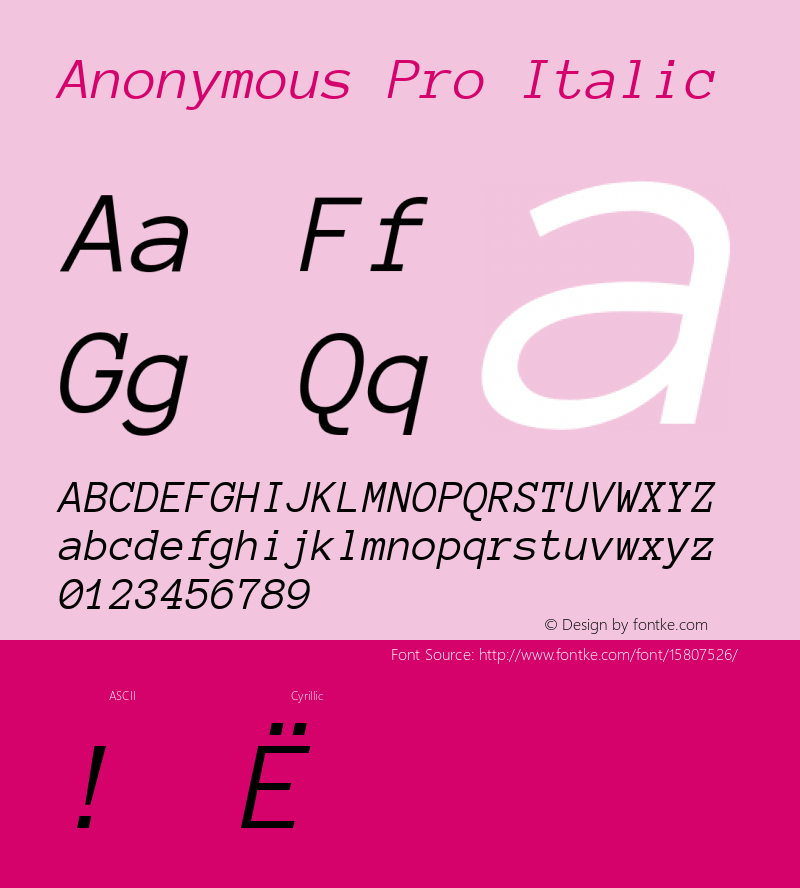Anonymous Pro Italic Version 1.002; ttfautohint (v1.4.1)图片样张