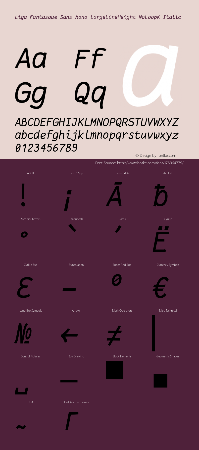 Liga Fantasque Sans Mono LargeLineHeight NoLoopK Italic Version 1.8.0图片样张