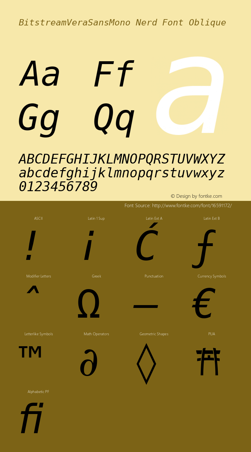 BitstreamVeraSansMono Nerd Font Oblique Release 1.10图片样张
