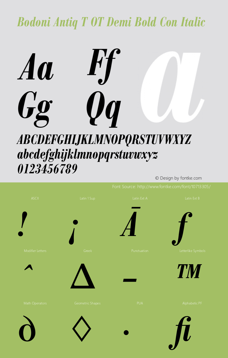 Bodoni Antiq T OT Demi Bold Con Italic OTF 1.001;PS 1.05;Core 1.0.27;makeotf.lib(1.11)图片样张