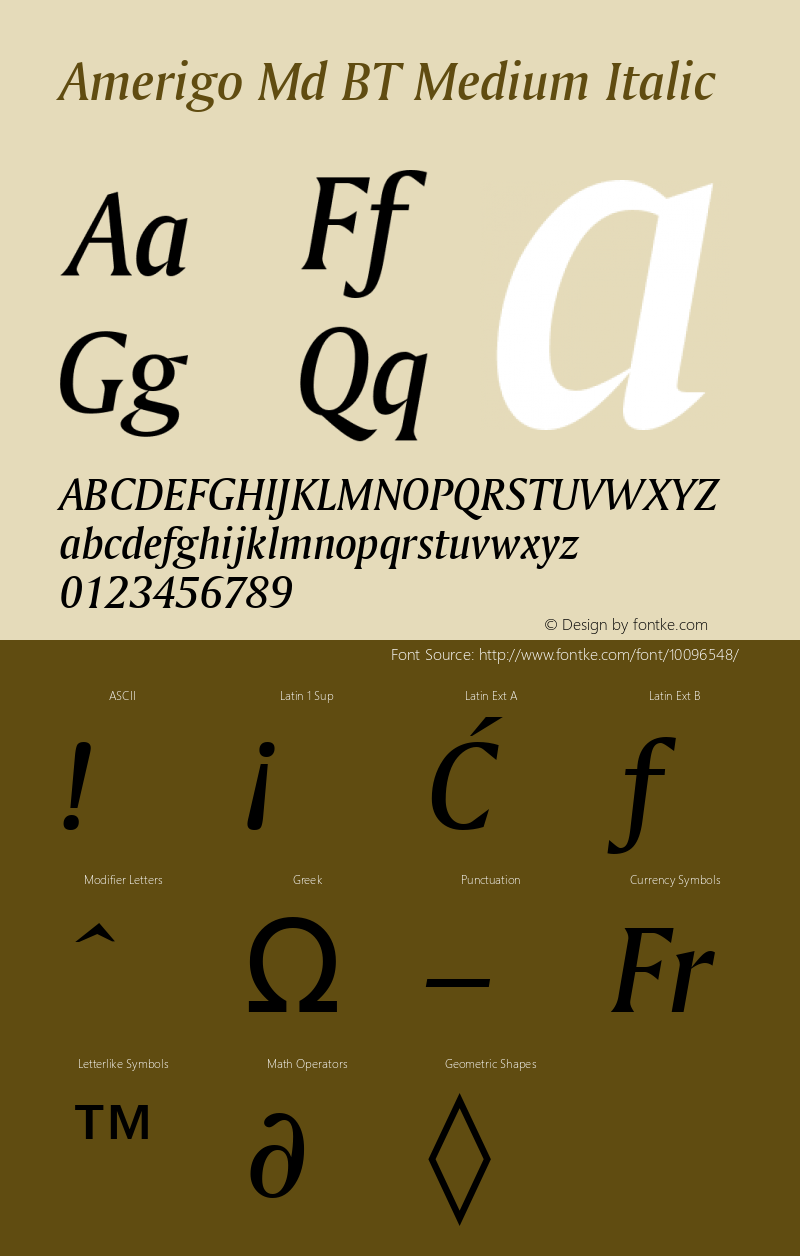 Amerigo Md BT Medium Italic Version 2.001 mfgpctt 4.4图片样张