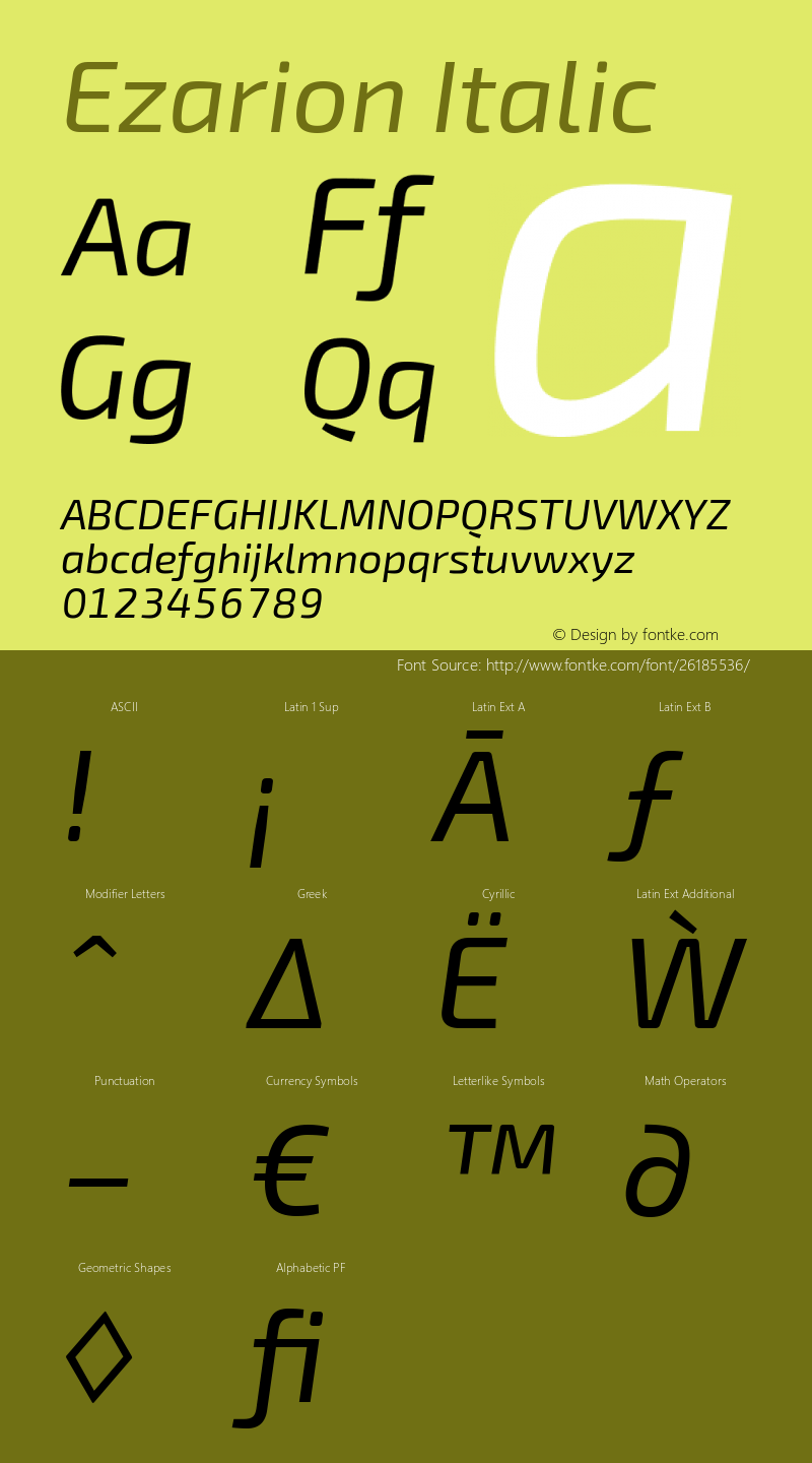 Ezarion Italic Version 1.001;PS 001.001;hotconv 1.0.70;makeotf.lib2.5.58329; ttfautohint (v1.8.1)图片样张