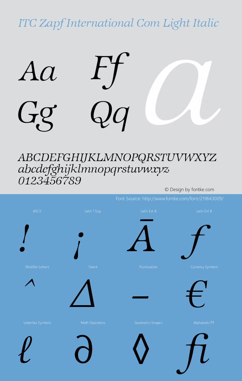 ITC Zapf International Com Light Italic Version 1.01图片样张