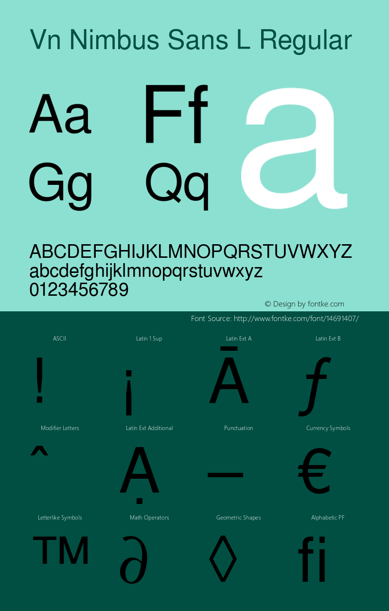 Vn Nimbus Sans L Regular Version 1.05; ttfautohint (v1.1) -l 8 -r 50 -G 200 -x 14 -D latn -f latn -w G图片样张